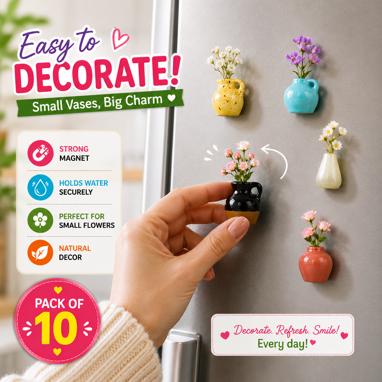 Fridge Magnetic Vases 🌸PACK OF 10🪴