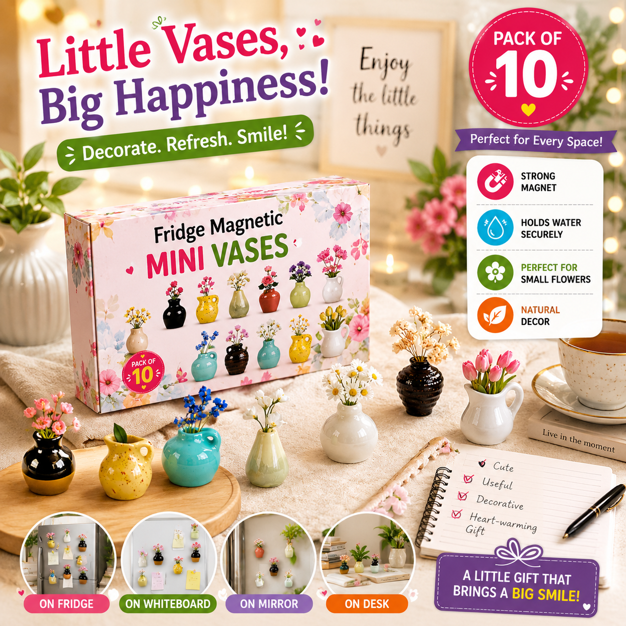 Fridge Magnetic Vases 🌸PACK OF 10🪴